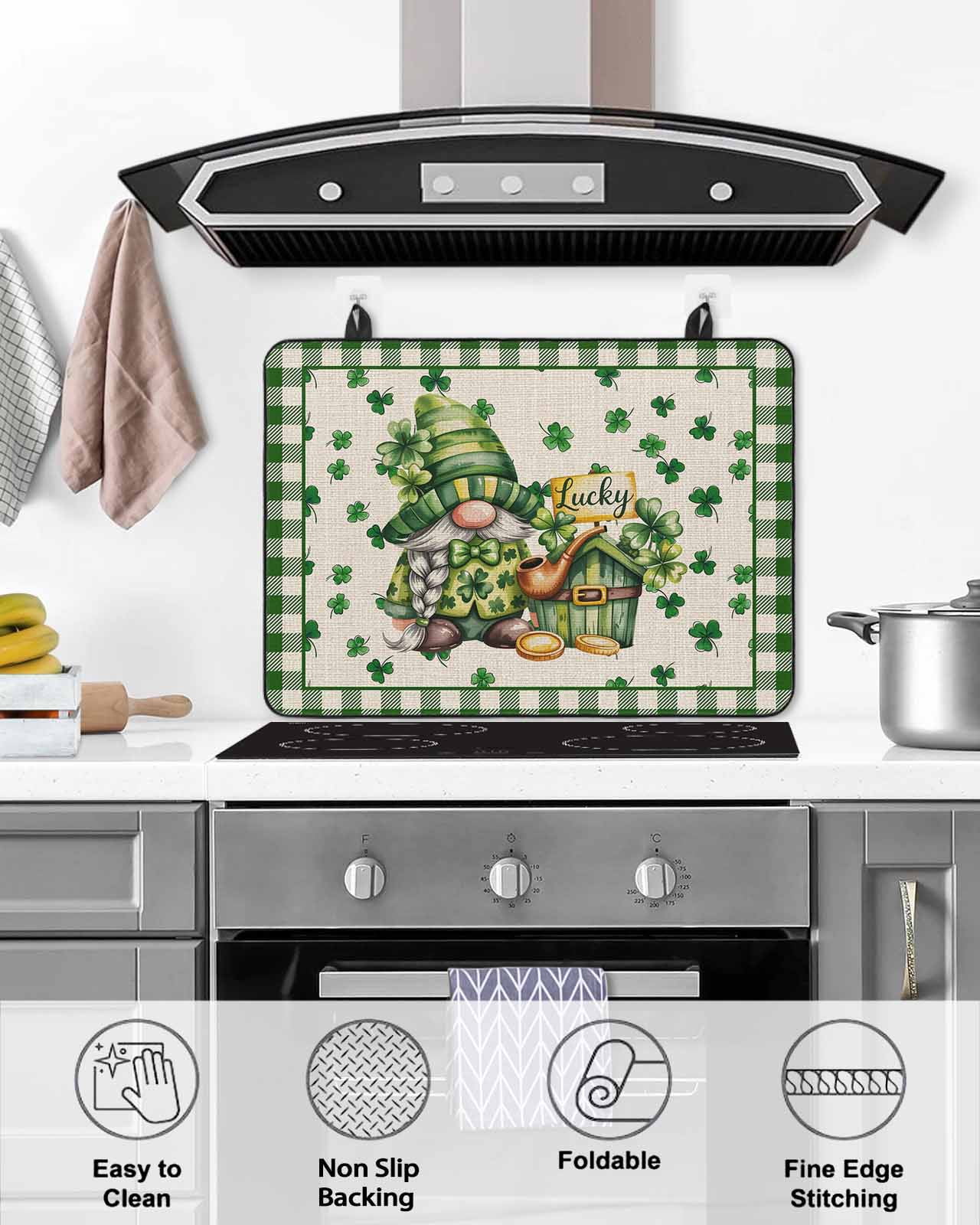 Large Induction Cooktop Protector Mat St. Patrick's Day Stove Top Covers for Electric Stove, Gnomes Shamrock Farmhouse Plaid Beige Decorative Stove Burner Cover Mats, Glass Top Stove Cover