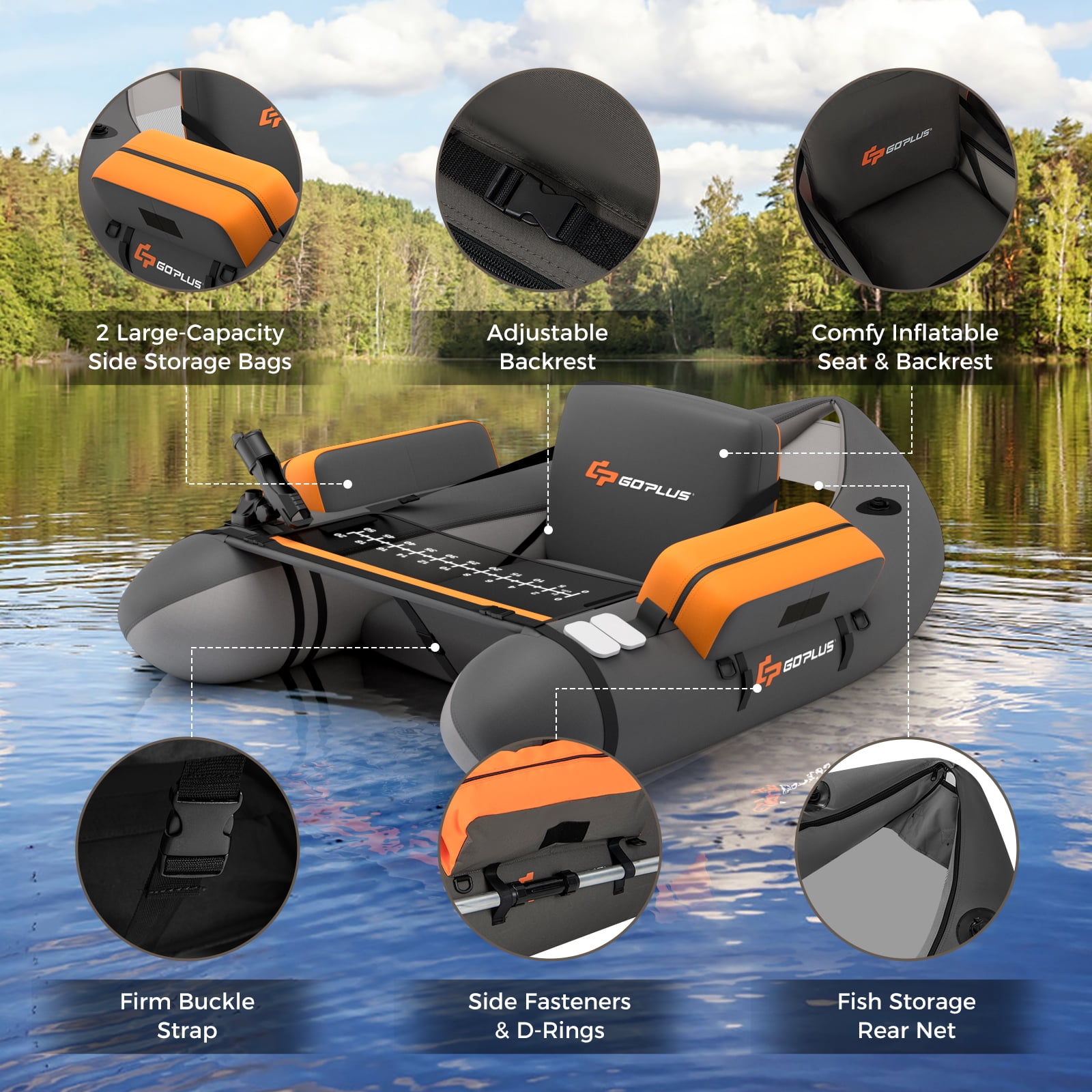 Goplus Inflatable Fishing Float Tube w/Pump & Storage Pockets & Fish Ruler  Gray 