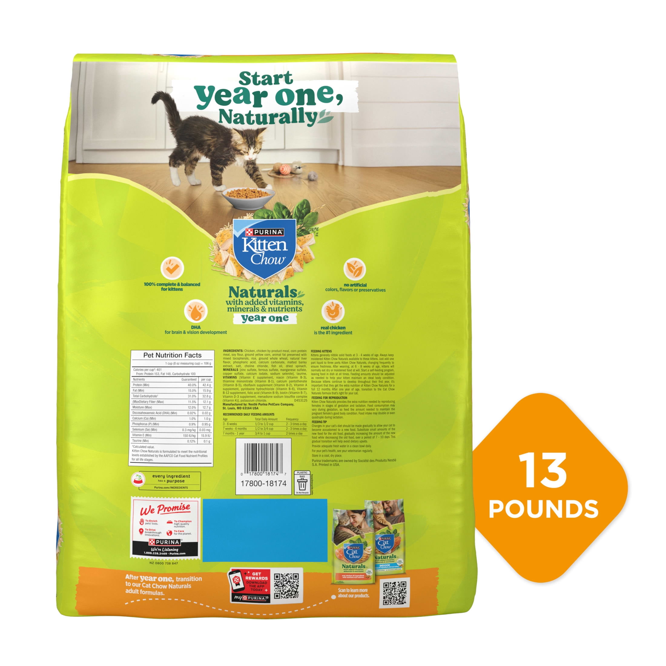 Purina Kitten Chow Naturals Chicken Flavor Dry Cat Food for Kittens, 13 lb. Bag