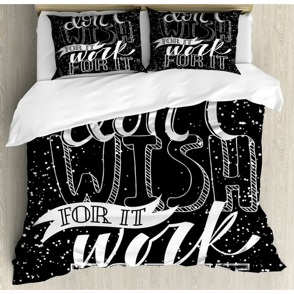 Saying Duvet Cover Set Queen Size, Do Not Wish for It Work for It Motivational Typographic Text and Polka Dots, Decorative 3 Piece Bedding Set with 2 Pillow Shams, Charcoal Grey White, by Ambesonne
