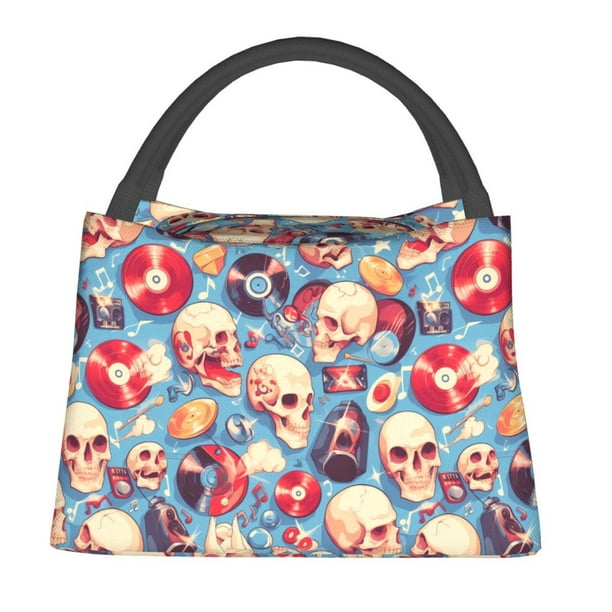 Easygdp music Skull record Retro Bolsa de Almuerzo Insulada Reutilizable, Bolsa de Mano y Bandolera para Oficina, Trabajo, Viajes