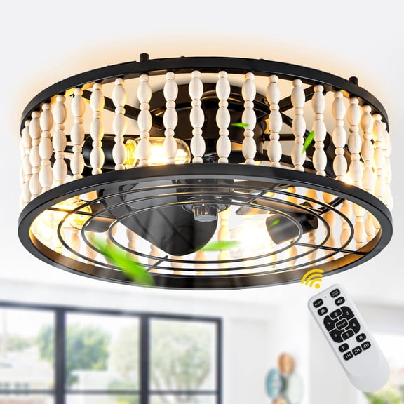 Chords Attic 20" Farmhouse Caged Flush Mount Ceiling Fan with Light and Remote, Wood Bead Fandelier Ceiling Fans with 6-Speed for Bedroom, Living Room