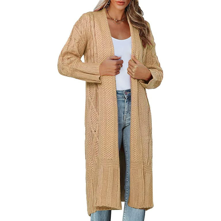 Womens Long Sleeve Cable Knit Open Front Long Cardigan Sweaters Chunky  Loose Coats Outerwear