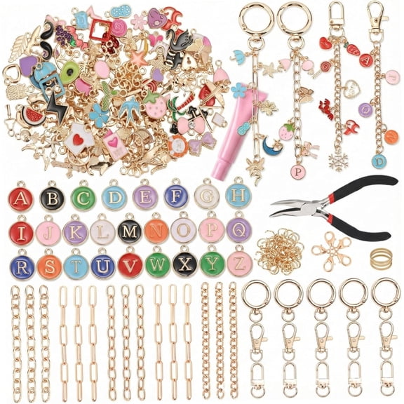 Lip Gloss Keychain Making Kit, 263 Pieces DIY Keychain Supplies with Charms, Key Rings, Jewelry Pliers & Extender Chains for Girls, Teens, Craft Gifts(DSF)