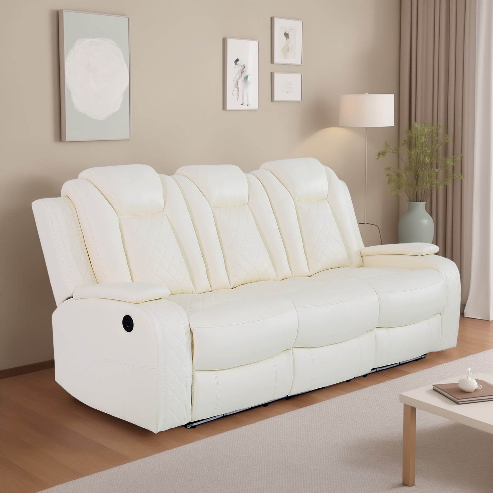 MAYEERTY White Breathing Leather 3-Piece Living Room Recliner Sofa