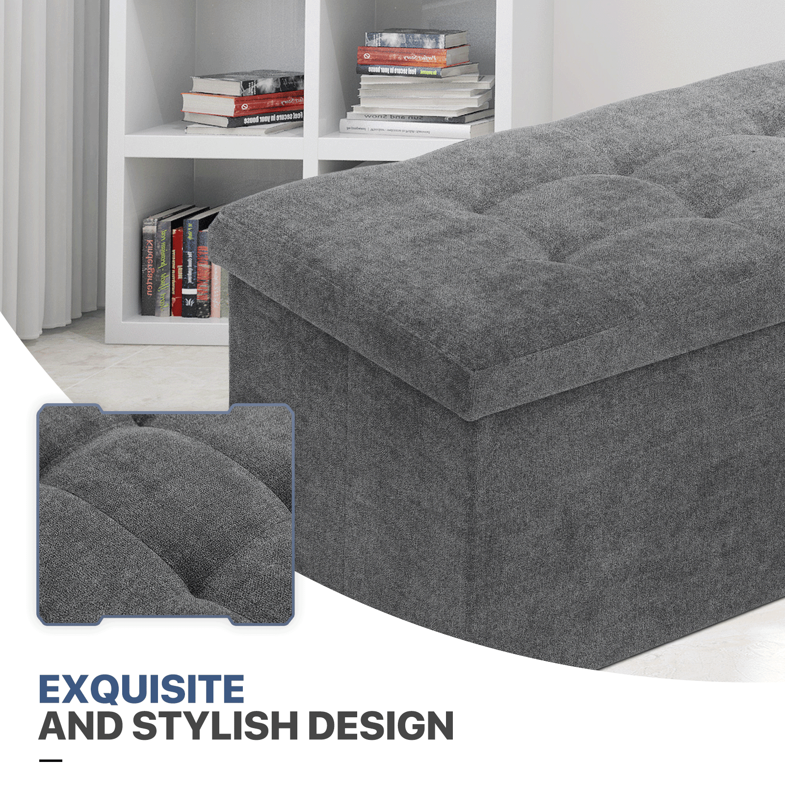 MoNiBloom 30" Folding Storage Ottoman Bench, Cotton-linen Collapsible Footrest Ottoman with Storage, for Living Room Bedroom Entryway, Dark Gray