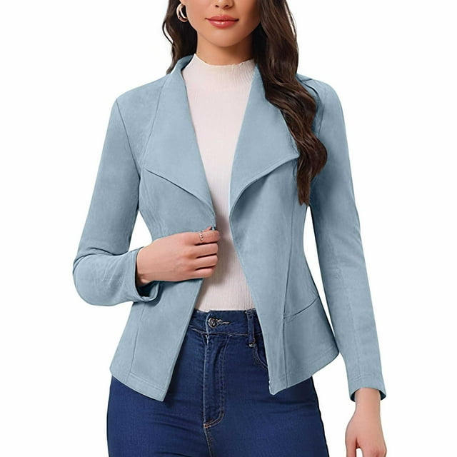 Économies d'Automne! srobpty Veste à Manches Longues pour Femme, Veste Courte à Manches Longues pour Femme en Suède Uni, Mode Décontractée, Tissu Confortable, Col à Revers, Bleu, TG