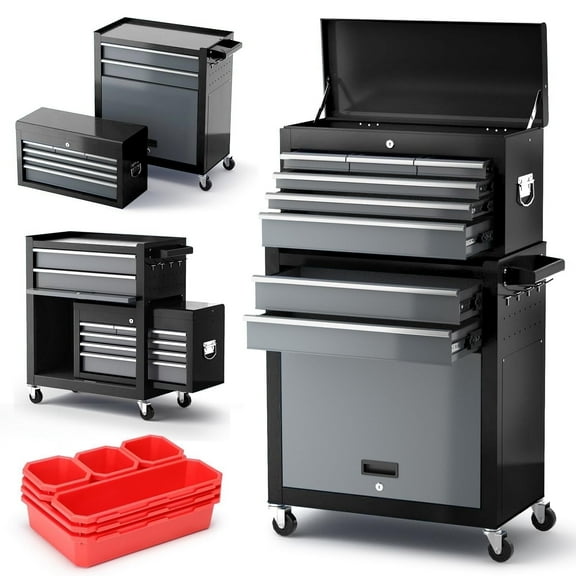 AIRAJ 42'' 8-Drawer Rolling Tool Chest with Wheels | Heavy-Duty Metal Tool Box with Removable Lid & Hooks | Garage Storage Cabinet with Liners, Tray Dividers