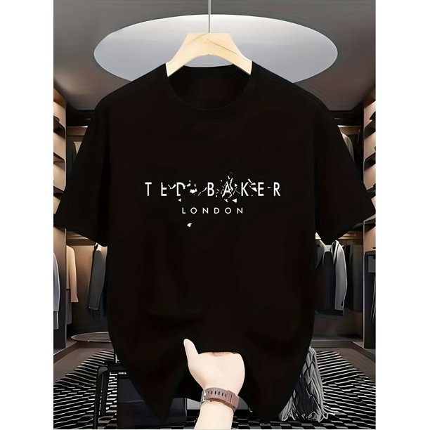 Men's Casual Short Sleeve T-Shirt, Breathable Polyester Fabric Summer 1988 Letter Print Design, Round Neck, Machine Washable, Black with White "TEE BAKER LONDON" Graphic, Casual Sporty Tee
