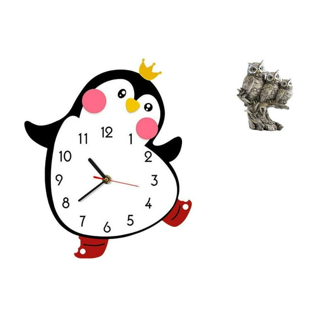 Reloj De Pared De Madera Con Forma De Pingüino Y Búho, Conjunto De Estatuilla, Escultura Decorativa De Animal Para Dormitorio, Sala De Estar, Oficina, Decoración Del Hogar