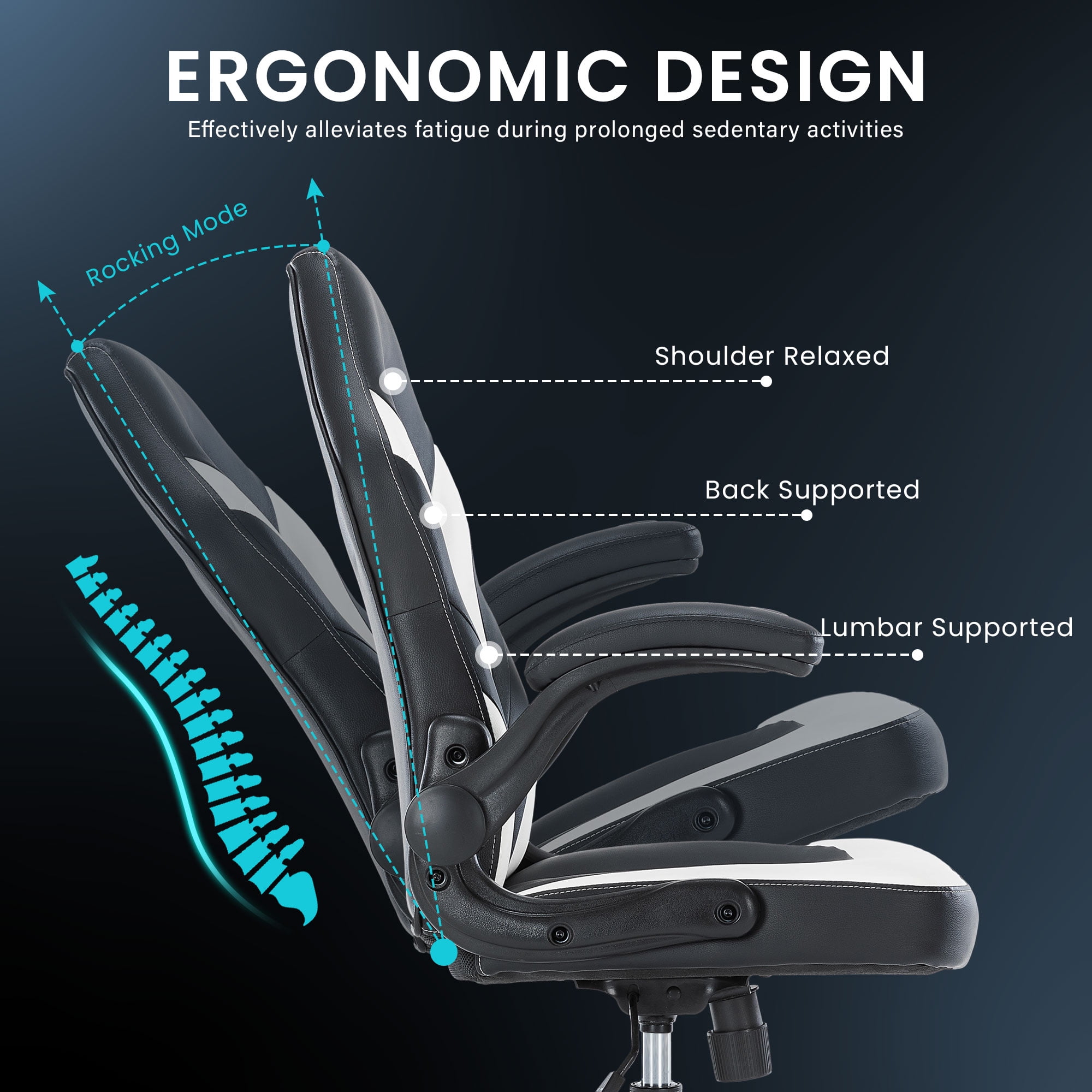 JONPONY Ergonomic Gaming Desk Chair - Adjustable PU Leather Swivel Racing Chair with Flip-up Armrests for Home Office and Entertainment, Perfect for Adults, Kids, and Gamers, Black White