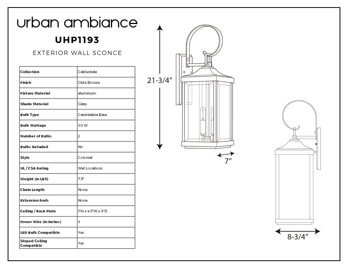 Luxury Colonial Outdoor Wall Sconce, 21.75''H x 7''W, with Farmhouse Style Elements, Tuscan Design, Olde Bronze Finish and Glass, UHP1193