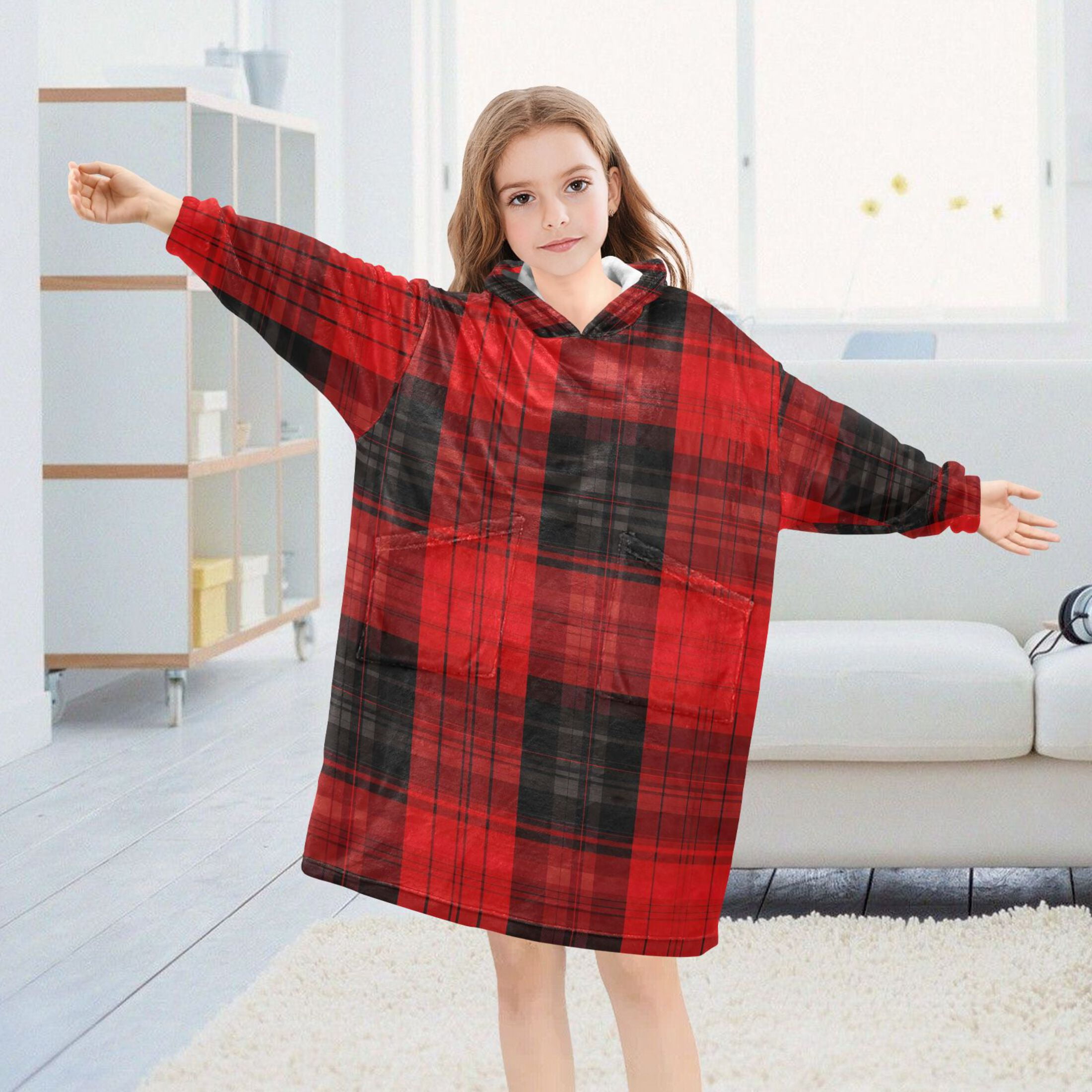 joogoo Wearable Blanket Hoodie for Checkered Print Flannel Sherpa Pocket 3-14 YR S