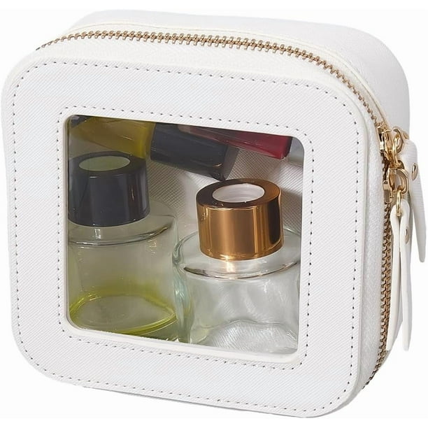 Neceser pequeño de viaje, estuche de maquillaje transparente, neceser de piel sintética blanca impermeable