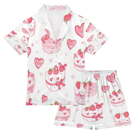 Silky Satin Kids' Pajama Set Breathable & Smooth Unisex Button-Down Pajamas Cute Pink Cake Pattern