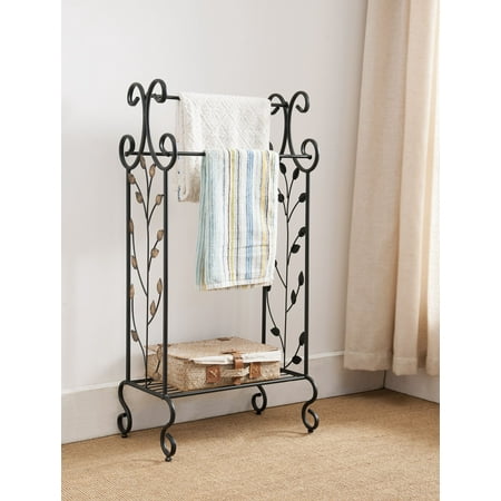 Mai Black Metal Transitional 3 Bar Free Standing Towel & Quilt Rack Stand Organizer For Kitchen & Bathroom With Storage (Best Way To Store Quilts)