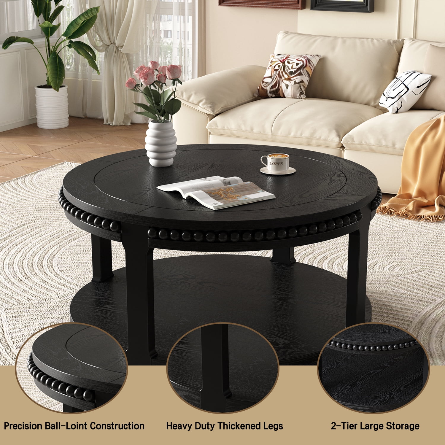 31.5" Round Solid Wood Coffee Table with 2-Tier Storage Shelf, Modern Circle Center Table with Thickened Top & Sturdy Wood Legs for Living Room,Black