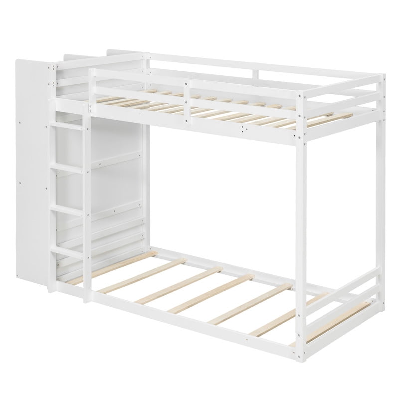 Twin-Over-Twin Size Teens Storage Bunk Bed with Drawers & Shelves, Kids Bed Frame with Built-In Ladder & LED Light Strip