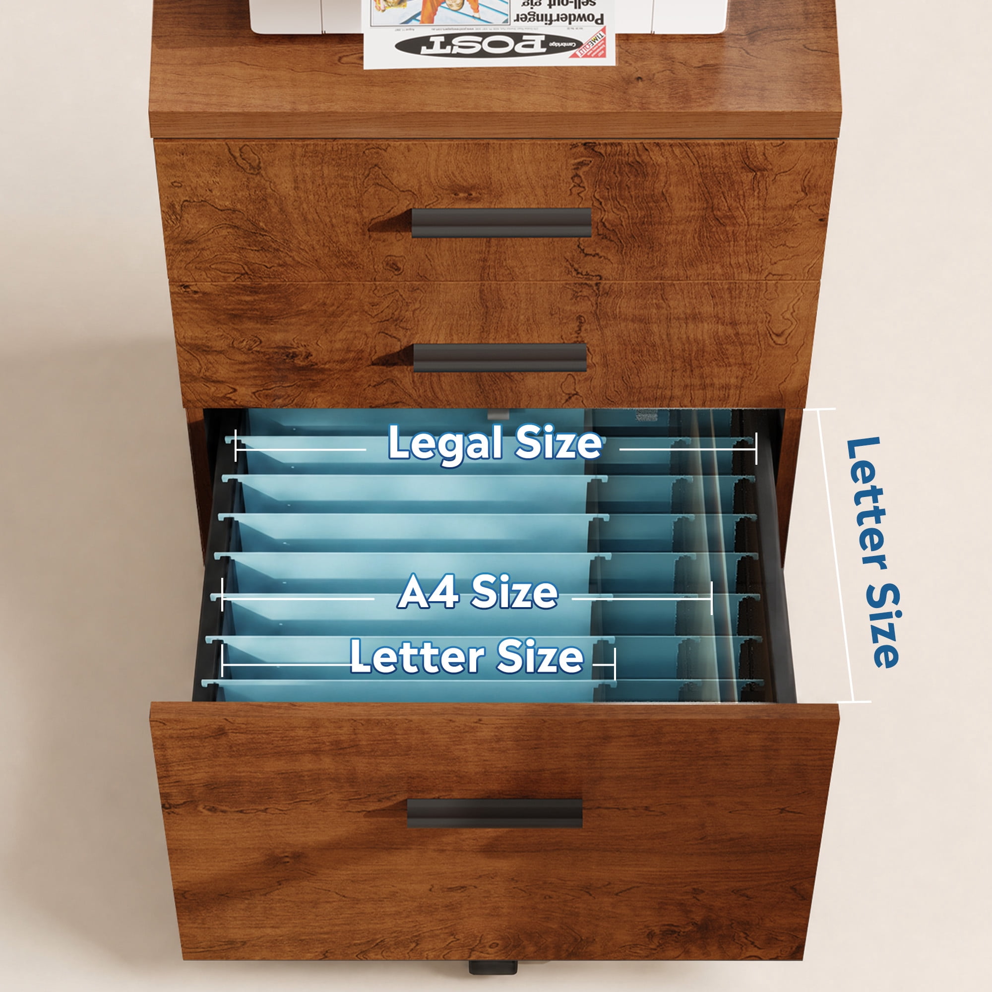 GALAXHERO Wood Rolling File Cabinet with 3 Drawers(Widen), Portable Vertical Mobile Wooden Storage Filing Cabinet, for Home Office, Walnut
