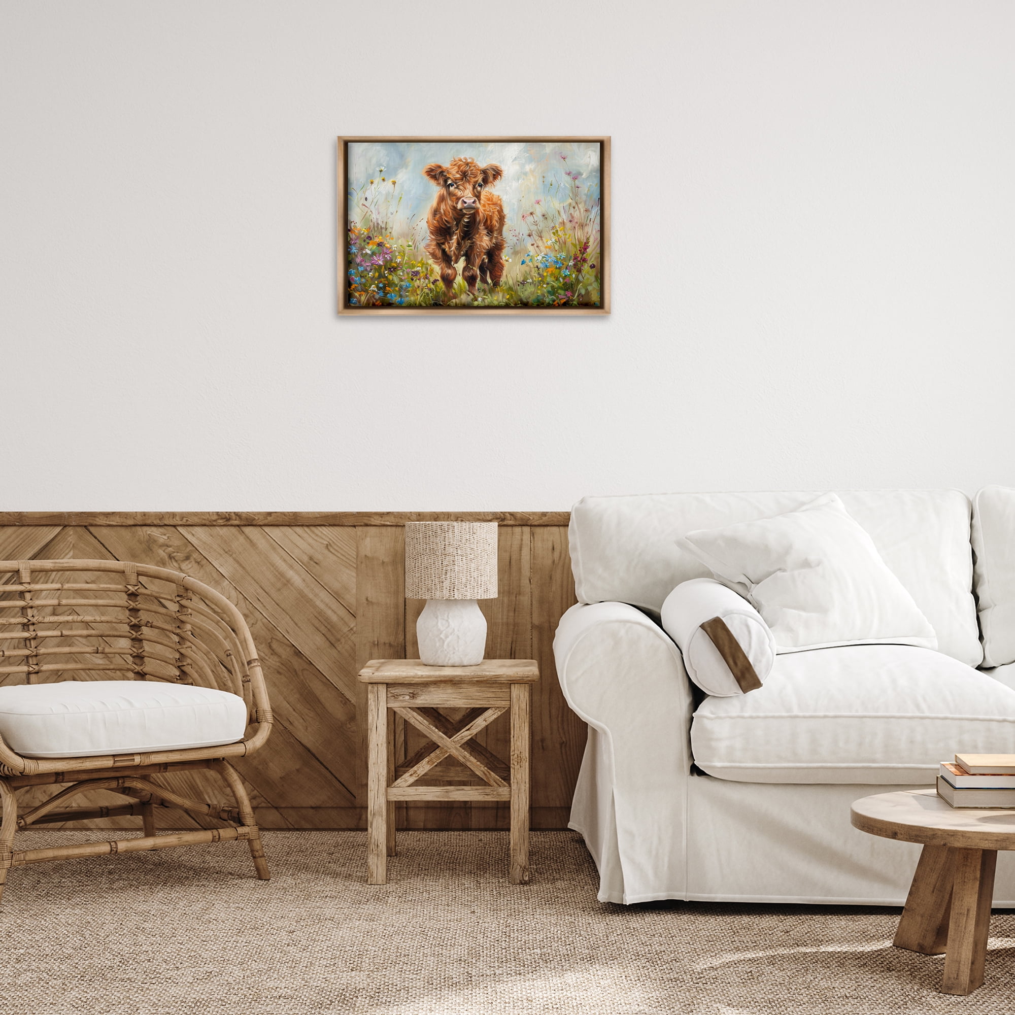 Stupell Industries Mountain Cow Scene Animals & Insects Painting Brown Floater Framed Canvas Art Print Wall Art, 25 x 17