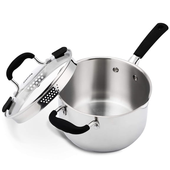 3.7 Quart Stainless Steel Stockpot with Glass Lid: Double-sided pouring spout, riveted silicone handle, built-in strainer, and tempered glass lid.