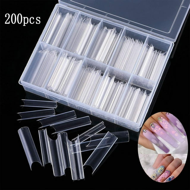 HLONK 50% off 200 Ct XXL Long Straight Square Shape Tips for Acrylic False Nail with Box (Clear)