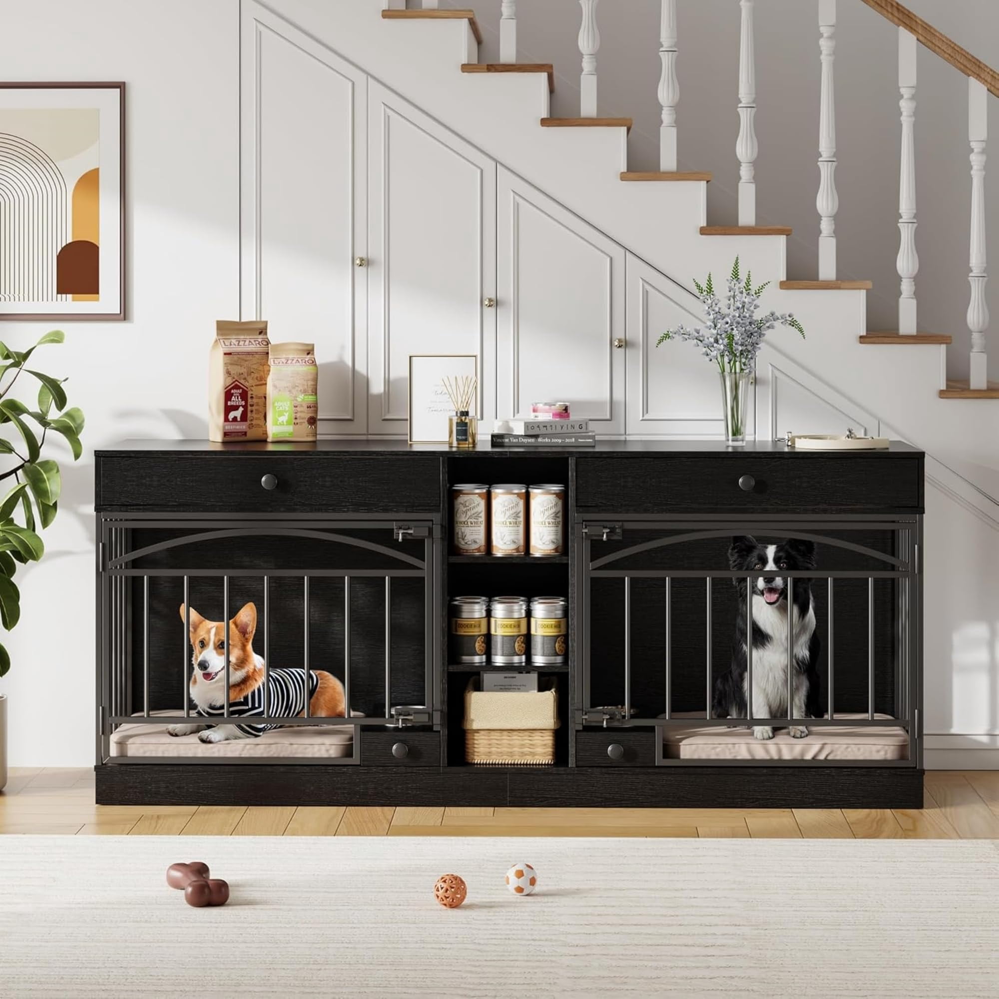 Accreate Dog Crate Furniture for 2 Dog, 78.7'' Large Dog Kennel Indoor with 2 Storage Drawers, 3 Shelves and Feeding Bowls, Double Dog Crate TV Stand for Small and Medium Dogs
