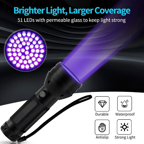 GJX UV Flashlight 51 LED 395 Nm Ultraviolet Blacklight Detector for Dog Urine,Pet Stains and Bed Bug,Black