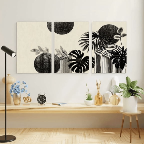 Set of 3 Canvas Prints for Wall Art Featuring Geometric Plant Collages And Abstract Shapes, Perfect for Bohemian Living Room Decor