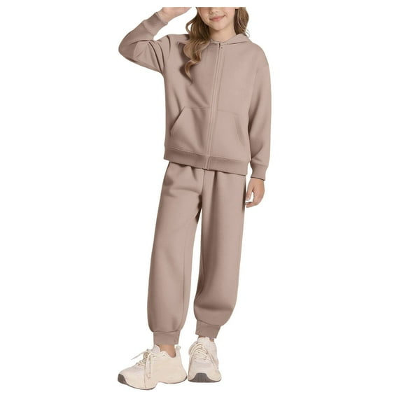 Caqnni Ensemble de Survêtement Élégant et Sportif pour Filles : Chandail à Capuchon au Design Moderne et Joggeurs Fuselés pour Échauffements de Gymnastique et Défis D\'entraînement Physique (A01-Khaki, 11-12 Ans)