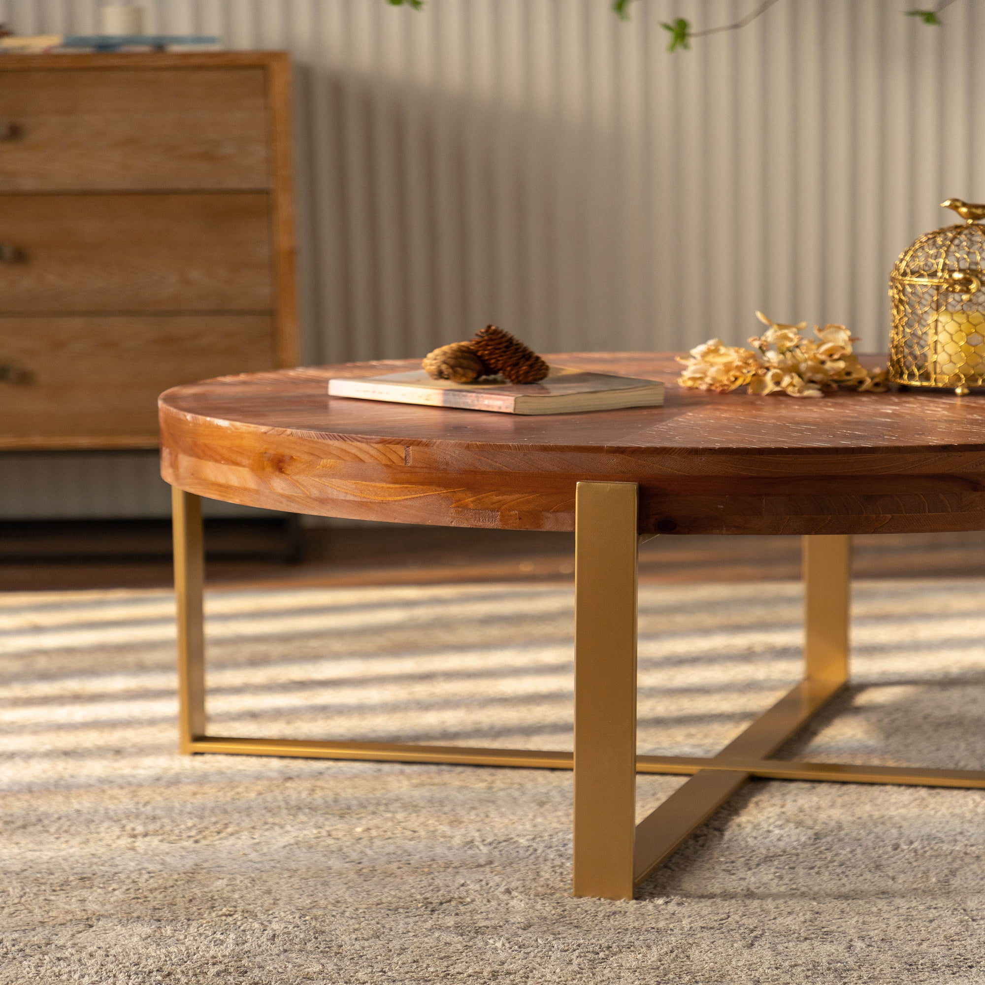 Shunda K Storage Round Fir Wood Coffee table, Gold