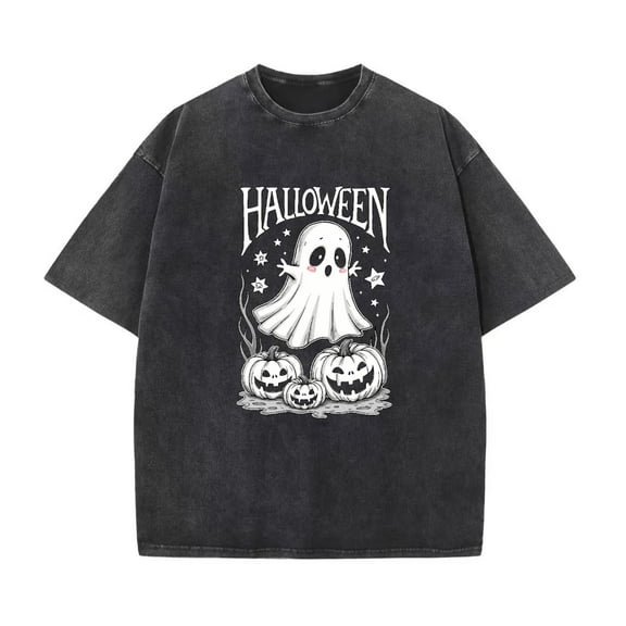 Adorable Halloween Tee Washed Ghost Pumpkin Text T Shirt Cute Spooky Graphic Tops Soft Black S-2XL Plus Size