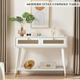 thumbnail image 3 of JYED White Mid Century Modern Console Table, Narrow Wood Entryway Table with 2 Storage Drawers and Open Shelf, Farmhouse Entry Tables for Entryway, Front Hall, Hallway, Living Room, 3 of 7