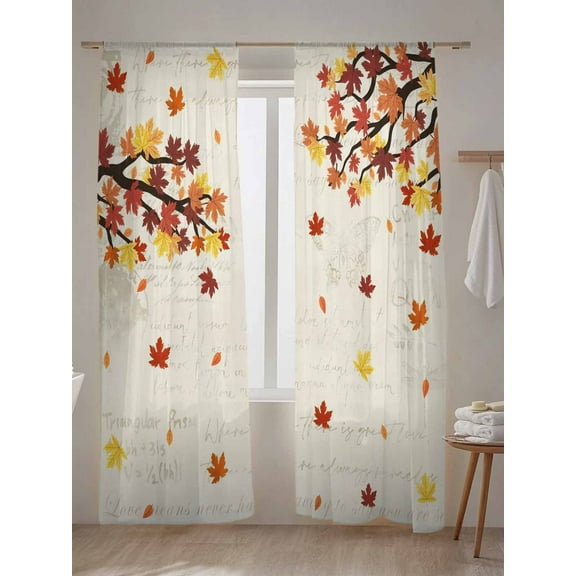 Sheer Curtains 84 inches Long 2 Panels Set Maple Leaf Fall Autumn Leaves Farmhouse Beige Letter Tiers Sheers Rod Pocket Small Window Short Curtains for Kitchen Cafe, Each 52" W x 84" L