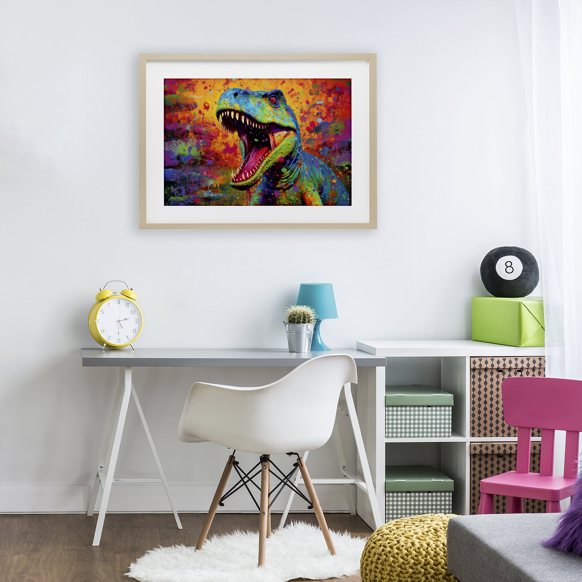 Stupell Industries Colorful T-Rex with Splatter Birch Framed Print Under Glass, design by Creative Studio