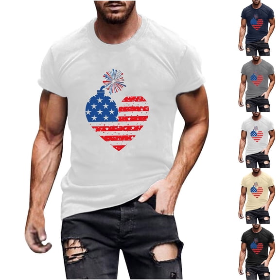 Yourumao USA Flag Shirts for Men Short Sleeve Graphic Tees Crew Neck Loose Summer Tshirts Patriotic Going Out Top