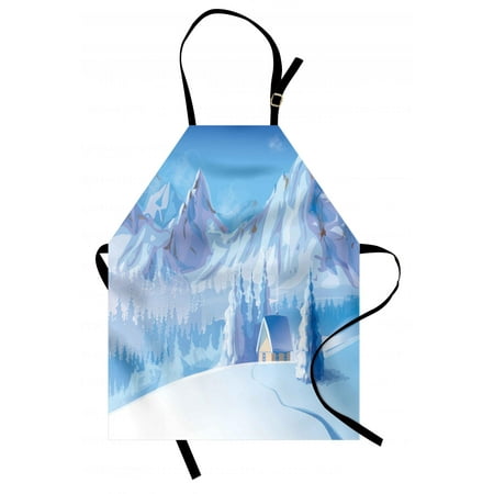 Winter Apron Little House below the Majestic Mountains in the Winter Ice Blizzard Frozen Cold Weather, Unisex Kitchen Bib Apron with Adjustable Neck for Cooking Baking Gardening, Blue, by