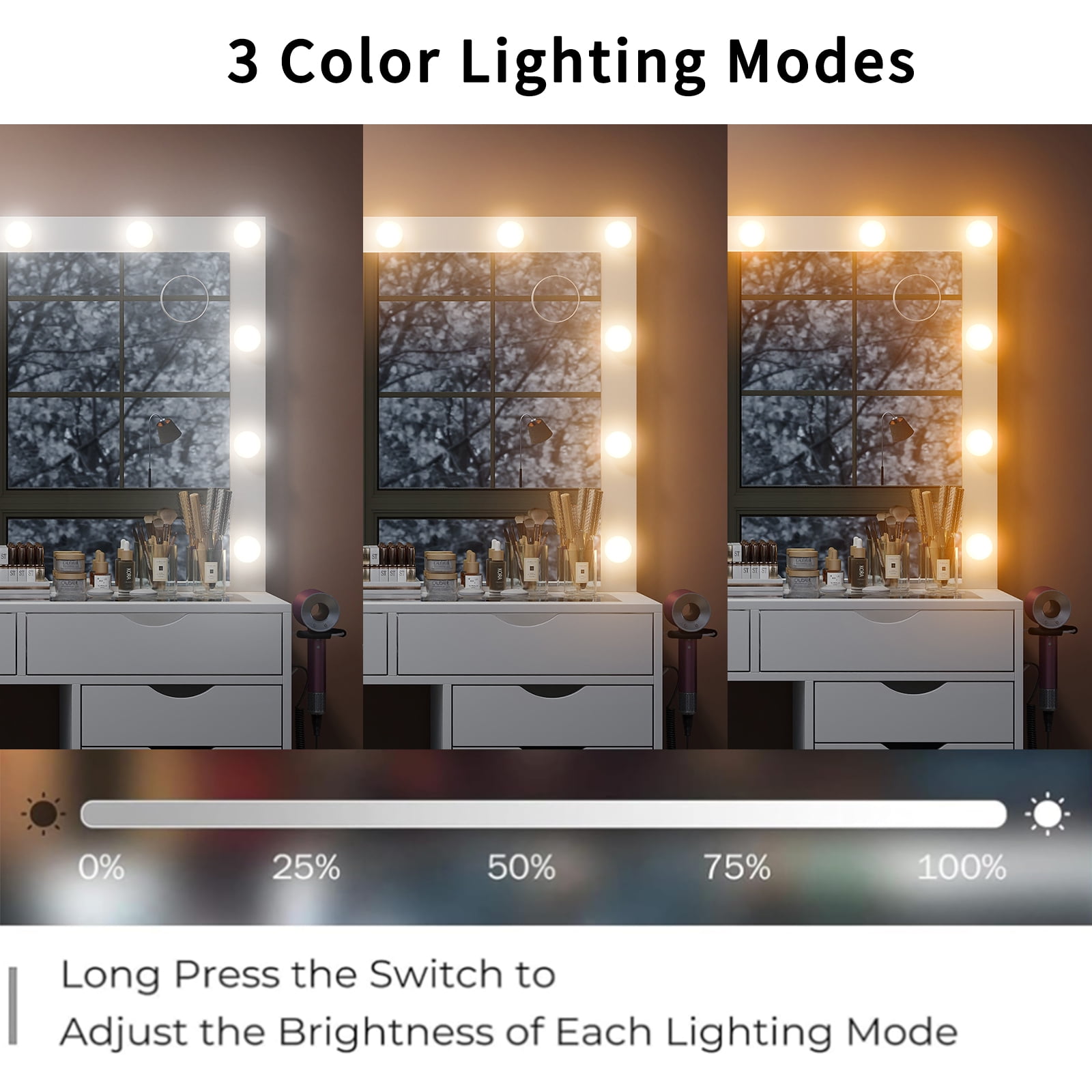 Yanosaku 15 Drawers Vanity Desk with Power Outlet, Makeup Table with Mirror and 13 LED Lights, 3 Color Lighting Modes, Brightness Adjustable, Glass Top Dressing Table, Vanity Set for Bedroom