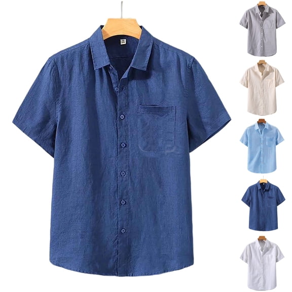 SGFCWSX Men's Short Sleeve Linen Shirt Button Down, Single Pocket Casual Summer Beach Vacation Daily Wear Navy Size XL