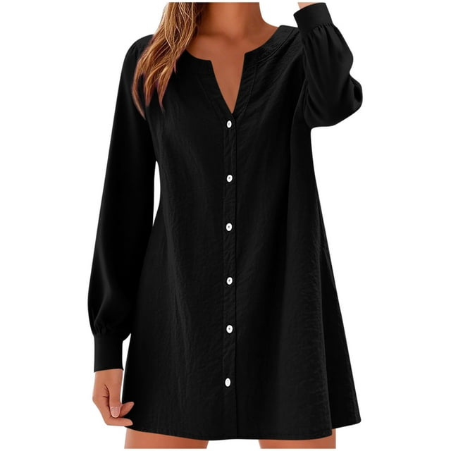 Womens Pullover Tops Spring Fall Clothes 2025 Long Sleeve Shirts Trendy Crew Neck Loose Festival Tops Summer And Linen Solid Color Long Sleeved V-neck Button Up Dress Plus Size Tops For Women Summer