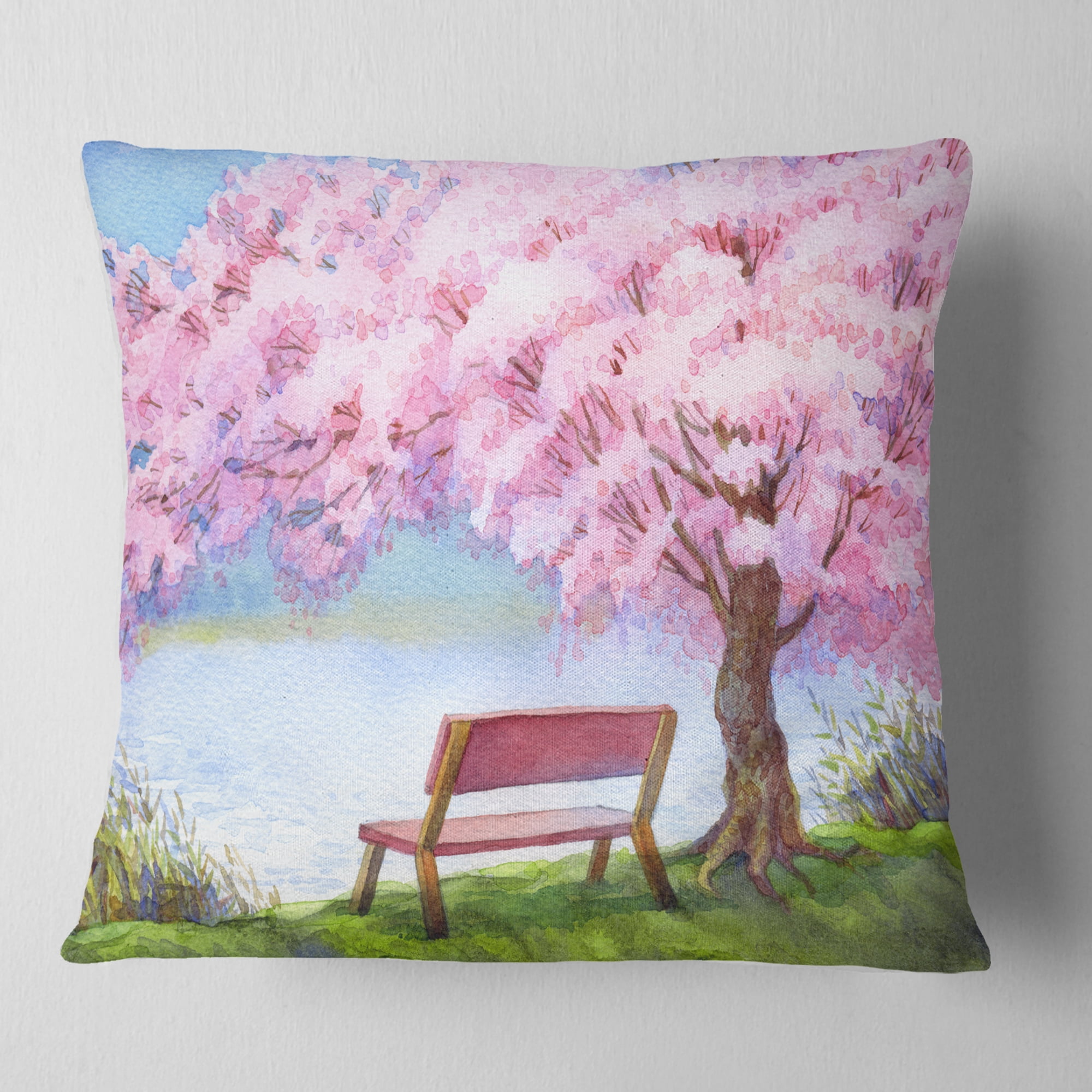 Designart Bench under Flowering Peach Tree - Floral Throw Pillow - 16x16