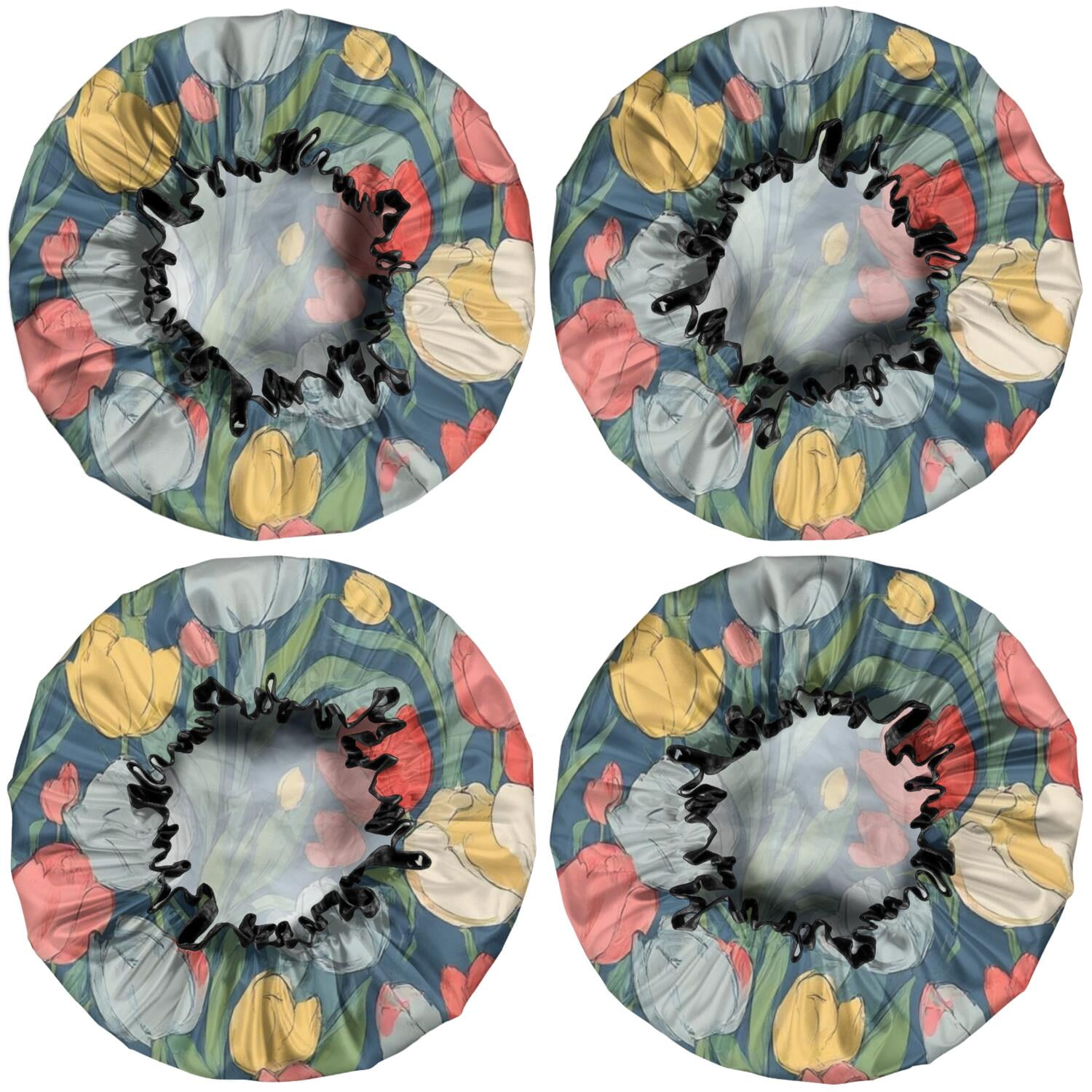 Shower Caps,Pioneer Flower Floral Print Pattern Waterproof Shower Cap for Women 4 Pieces,Double Reusable Hair Cover for Shower PEVA Elastic Stretch Hem