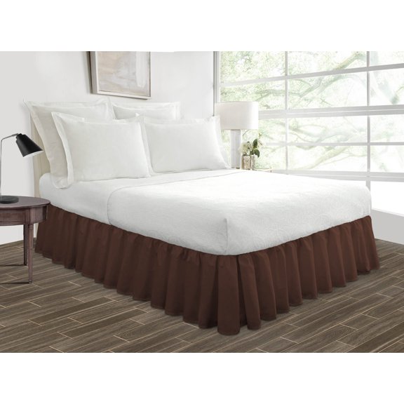 Short King Size Tailored Drop Ruffled Solid Bed Skirt with Adjustable Elastic Belt Microfiber Fabric Fade & Wrinkle Resistant Bed Frame Cover Easy to Fit & Care (15 Inch Drop, Chocolate)