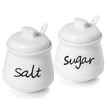 

Sugar and Salt Bowls Ceramics Condiment Pots with Lid and Spoon Seasoning Jar Spice Container for Kitchen Dishwasher Safe 12oz White