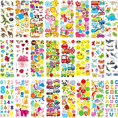 Puffy Stickers for Kids Toddlers Boy Girl 24 Sheets, Children 3D Puffy Stickers for Reward Crafts Child Gifts, Party Favor and Supplies, Dinosaur Animal Car Truck Flower Dog Christmas Heart Food