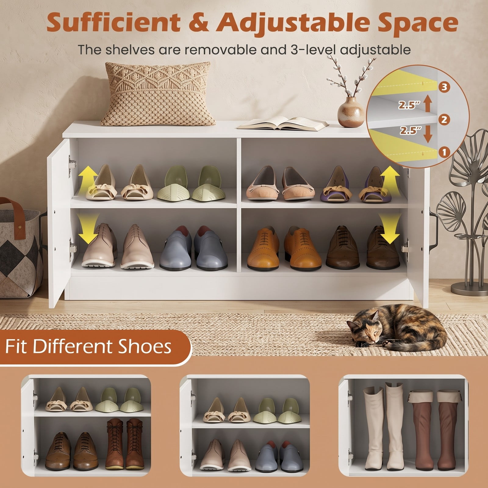 Furnibear 2-Door Shoe Bench Storage Cabinet with Adjustable Shelves and Wide Seat for Entryway Hallway and Bedroom, White