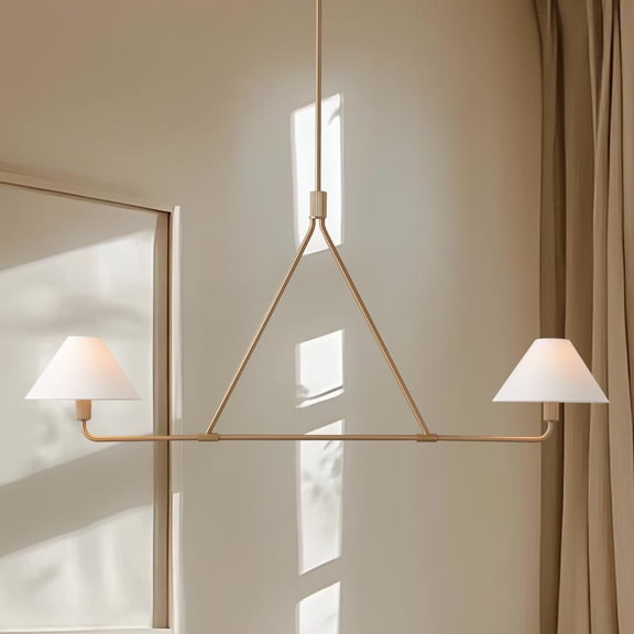 Minimalist 2-Light Tapered Brass Pendant, 46" Mid-Century Ceiling Light Fixture, Linen Shade, Classic Linear Hanging Lamp for Living Room, Kitchen, Bedroom, Dining Room