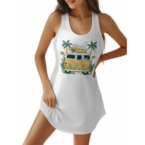 Summer Sundress for Women Campervan Surfboard Flower U Neck Sleeveless Tank Dresses Short Casual Sun Dresses White, XL