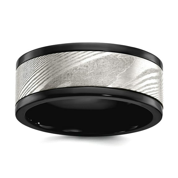 Black Zirconium Polished With Damascus Inlay 9mm Band Size 9.5 Ring for Women and Men