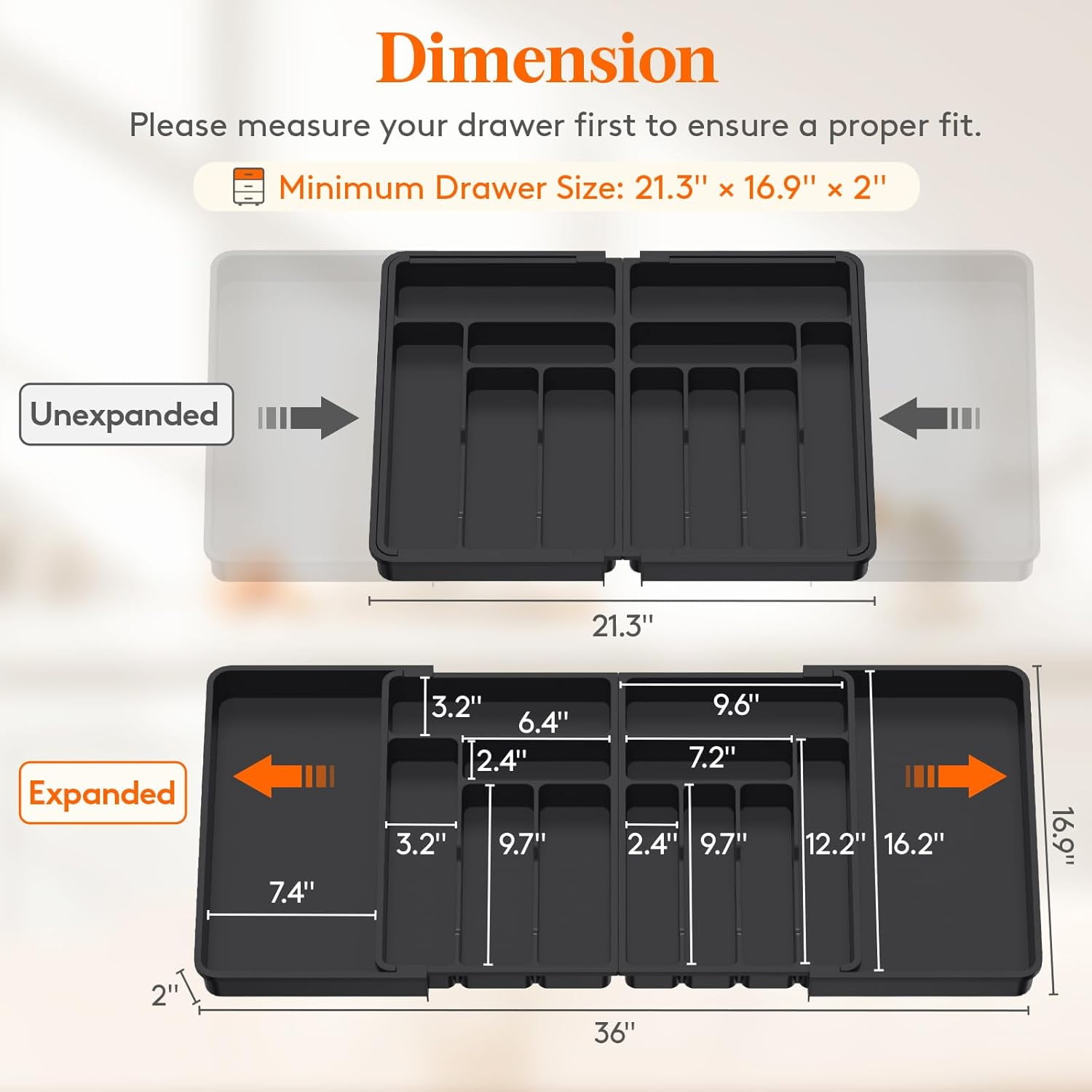 Silverware Drawer Organizer, Expandable BPA Free Plastic Utensil Tray for Kitchen, Adjustable Flatware Cutlery Holder for Spoons Forks Knives, 21.3- 36 x 16.9", Black